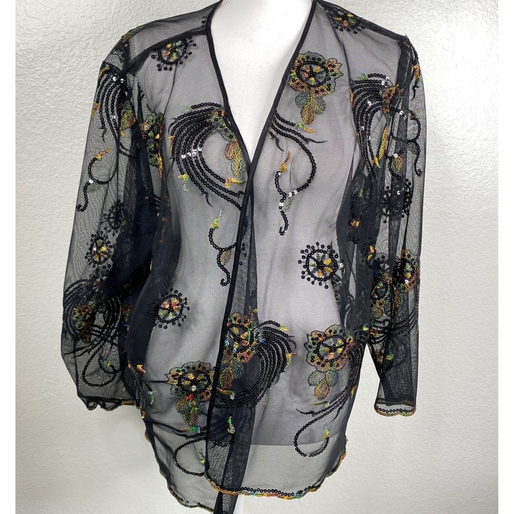 Dana Kay Open Front Semi Sheer Mesh Jacket Sz 24P Embroidered Sequin Cocktail